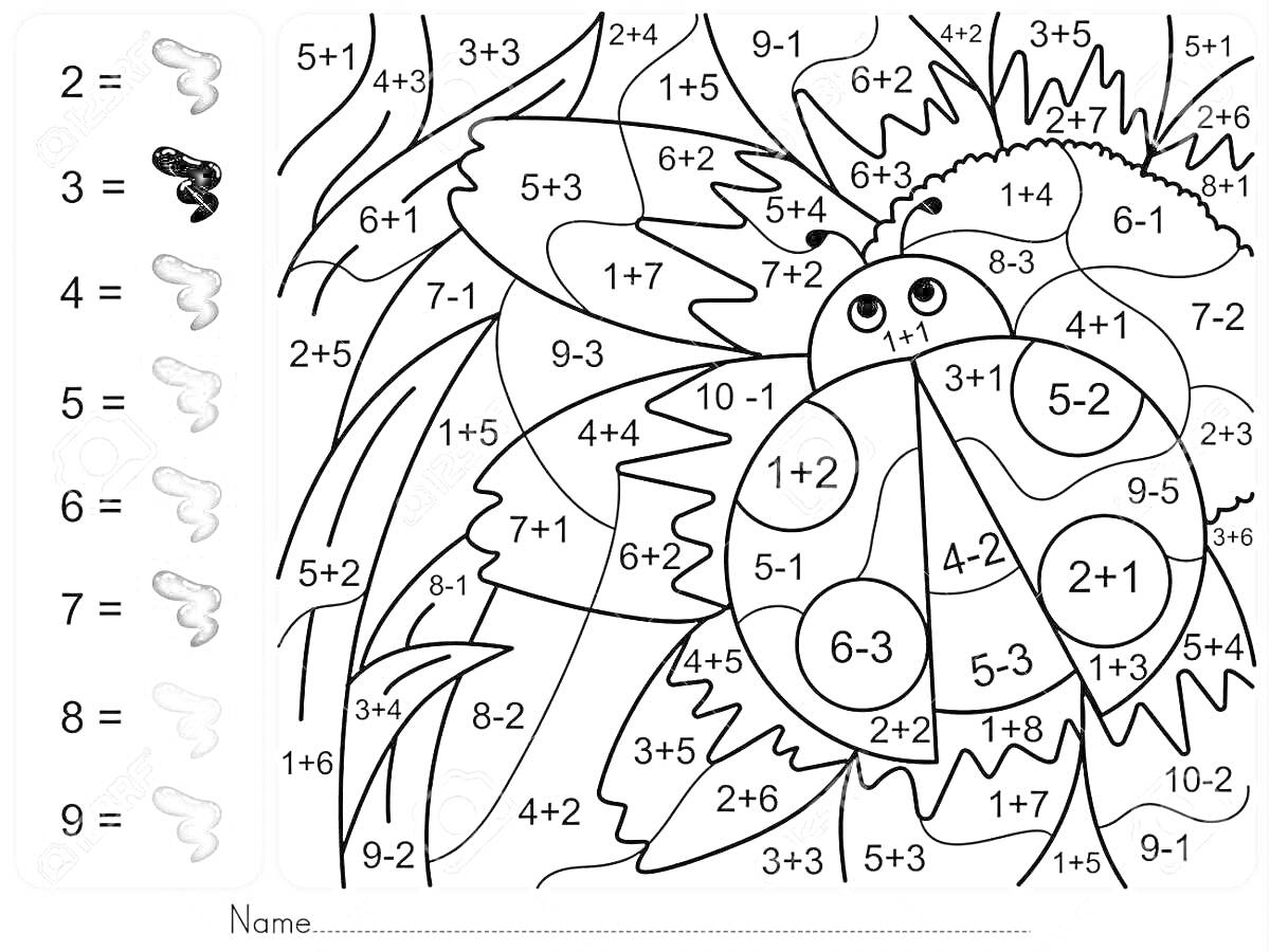 Раскраска Божья коровка с математическими примерами и цифрами для раскрашивания по номерам