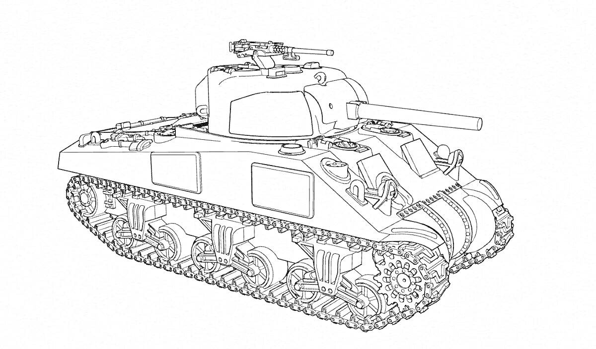 Раскраска Танк, военная техника, шасси с гусеницами и башней с пушкой и пулеметом