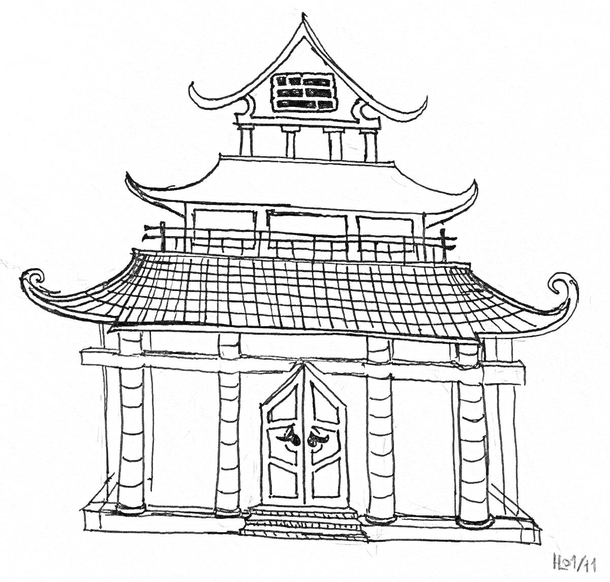 На раскраске изображено: Японский дом, Традиционная архитектура, Колонны, Японский стиль