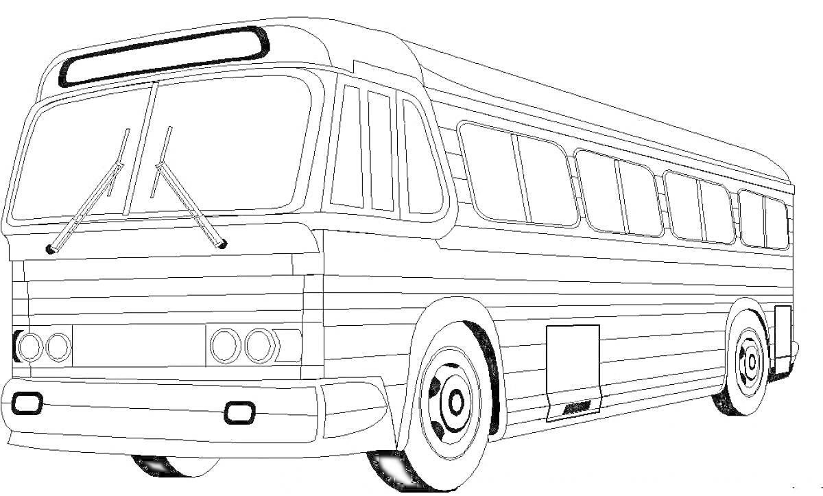 Раскраска Автобус с фарами, лобовым стеклом с дворниками, боковыми окнами и колесами