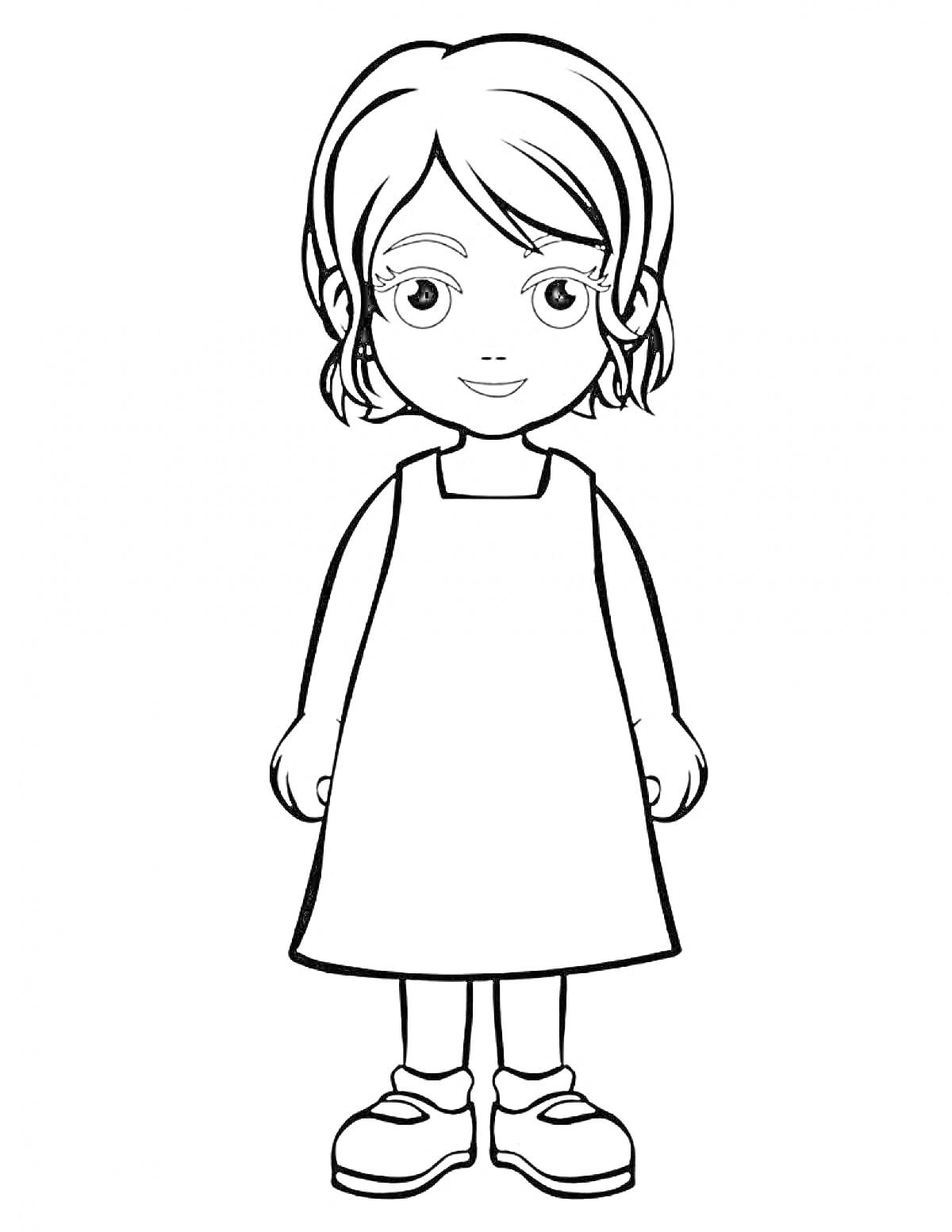 Раскраска Девочка в платье с короткими волосами
