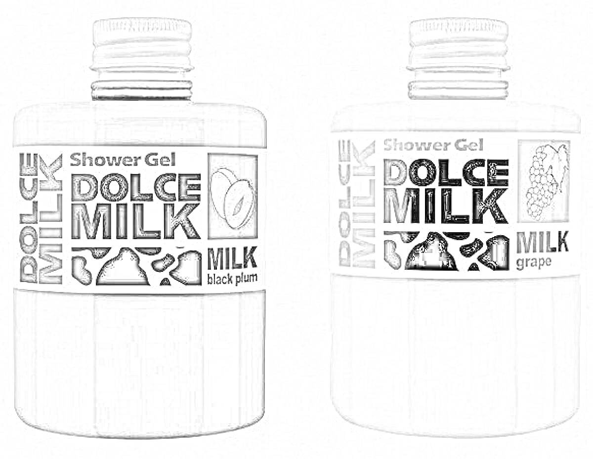 Две бутылочки геля для душа. Левая: Dolce Milk, аромат молока и черной сливы. Справа: Dolce Milk, аромат молока и винограда.
