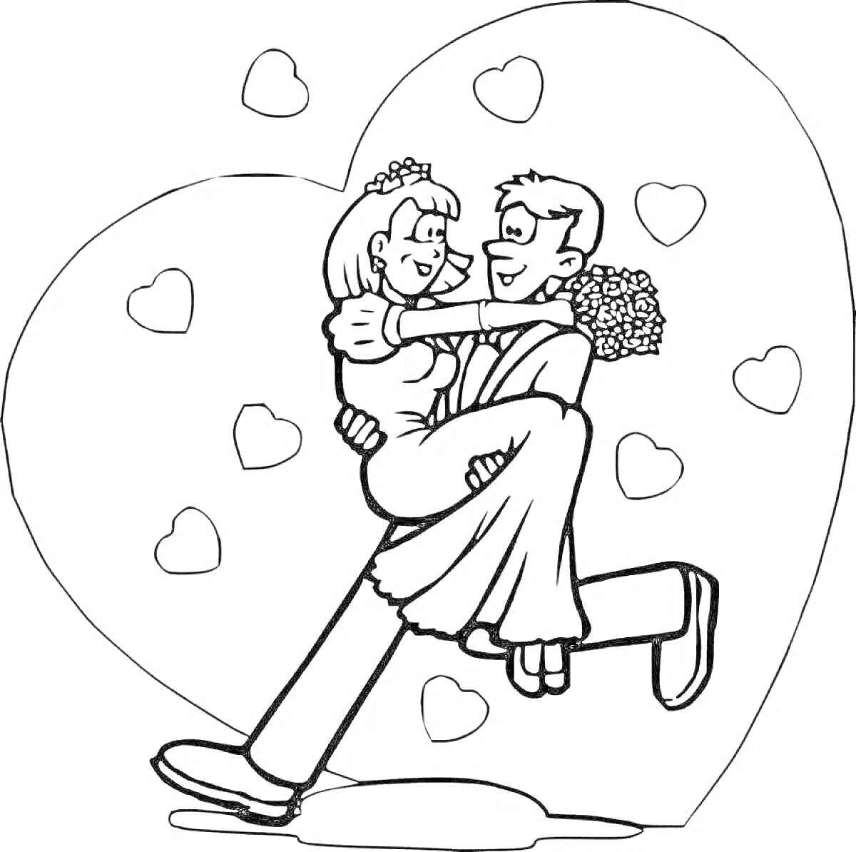 На раскраске изображено: Любовь, Пара, Объятия, Сердца, Романтика