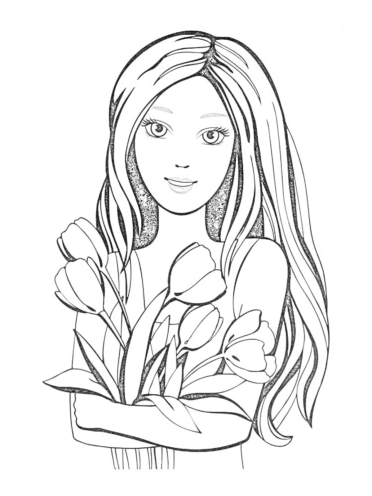 Раскраска девушка с распущенными волосами и тюльпанами в руках
