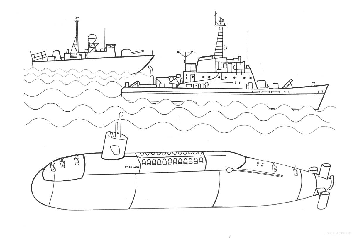 На раскраске изображено: Подводная лодка, Боевой корабль, Море, Военные, Морские волны