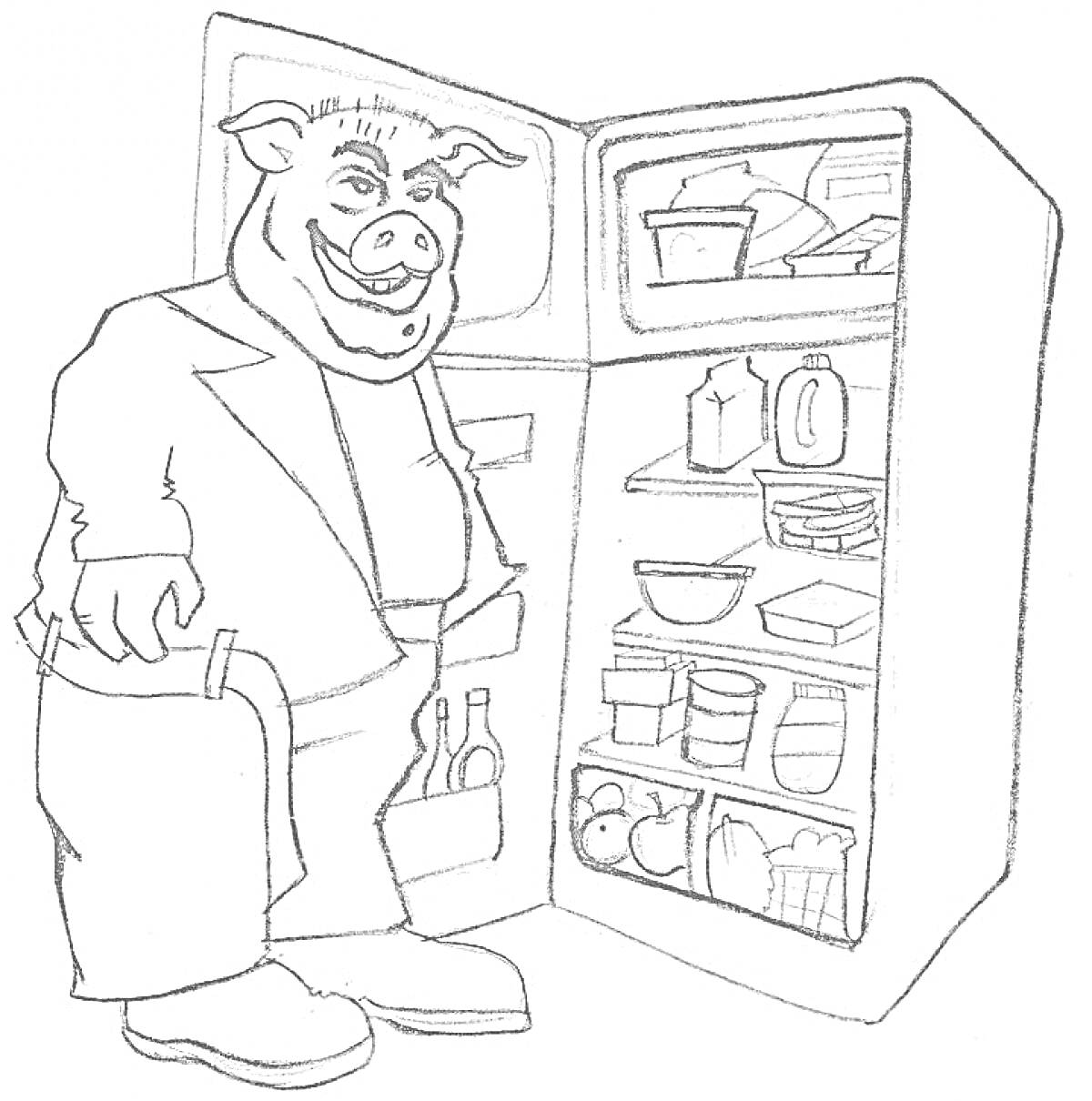 Раскраска Свин и холодильник с продуктами (еда, напитки, молоко, фрукты, сыр, банка, коробка, кувшин, мясо, бутылки, яйца, посуда)
