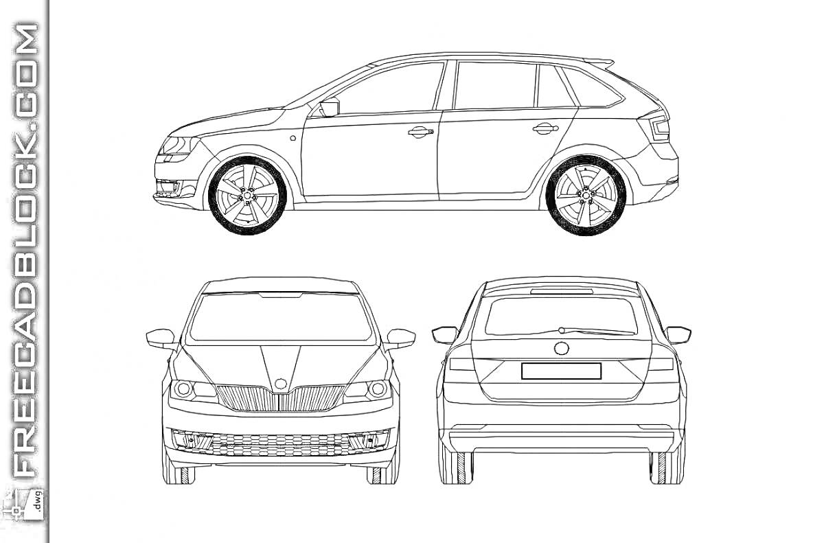 Раскраска Чертеж автомобиля Škoda Rapid — вид сбоку, спереди и сзади