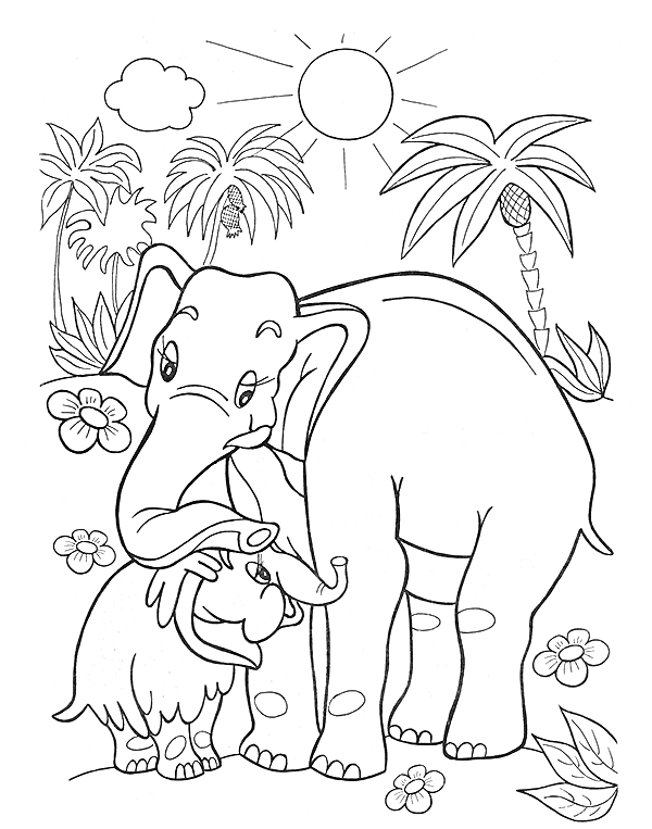 На раскраске изображено: Пальмы, Цветы, Солнце, Природа, Слон, Детеныши