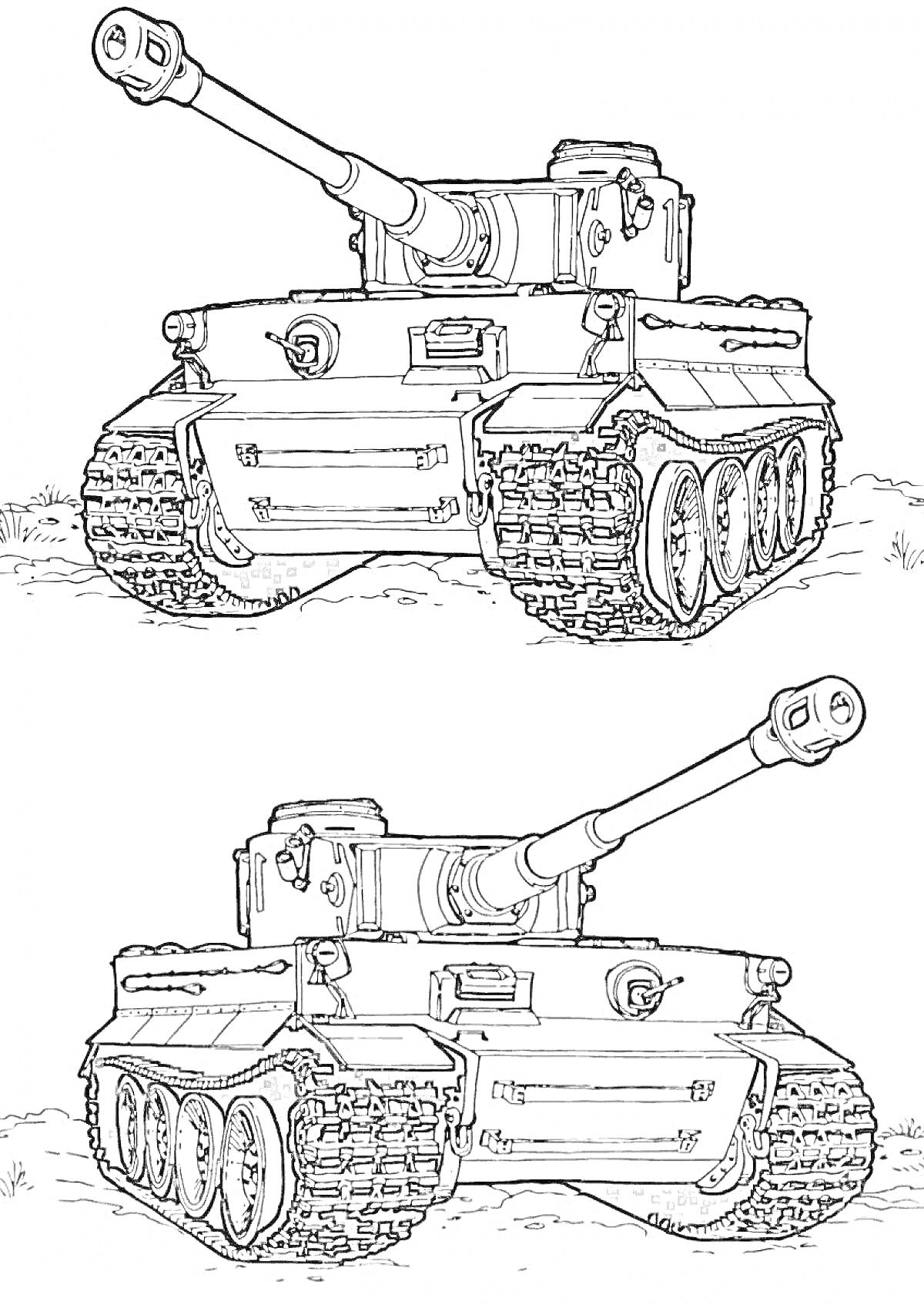 Раскраска Два танка Тигр на поле с гусеницами и длинными пушками