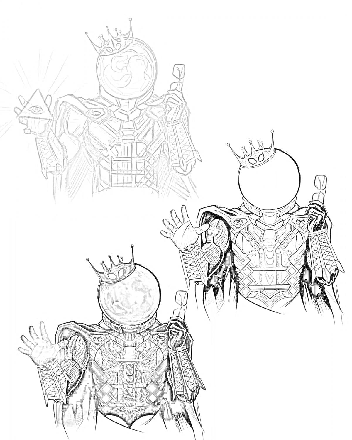 Раскраска Три изображения Мистерио в короне, держащего фигуру в виде пирамиды в одной руке, с поднятой другой рукой