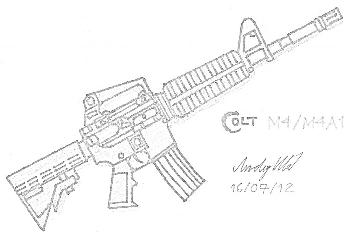 На раскраске изображено: M4, M4A1, Colt, Оружие, Автомат, Подпись, Дата, Текст