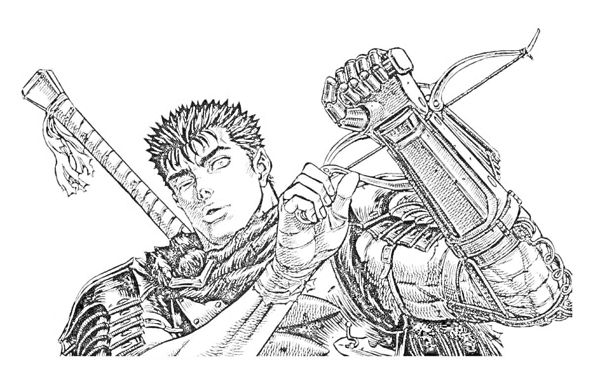 Раскраска Человек с короткими волосами в доспехах, с большим мечом за спиной, натягивающий ремень на металлической руке