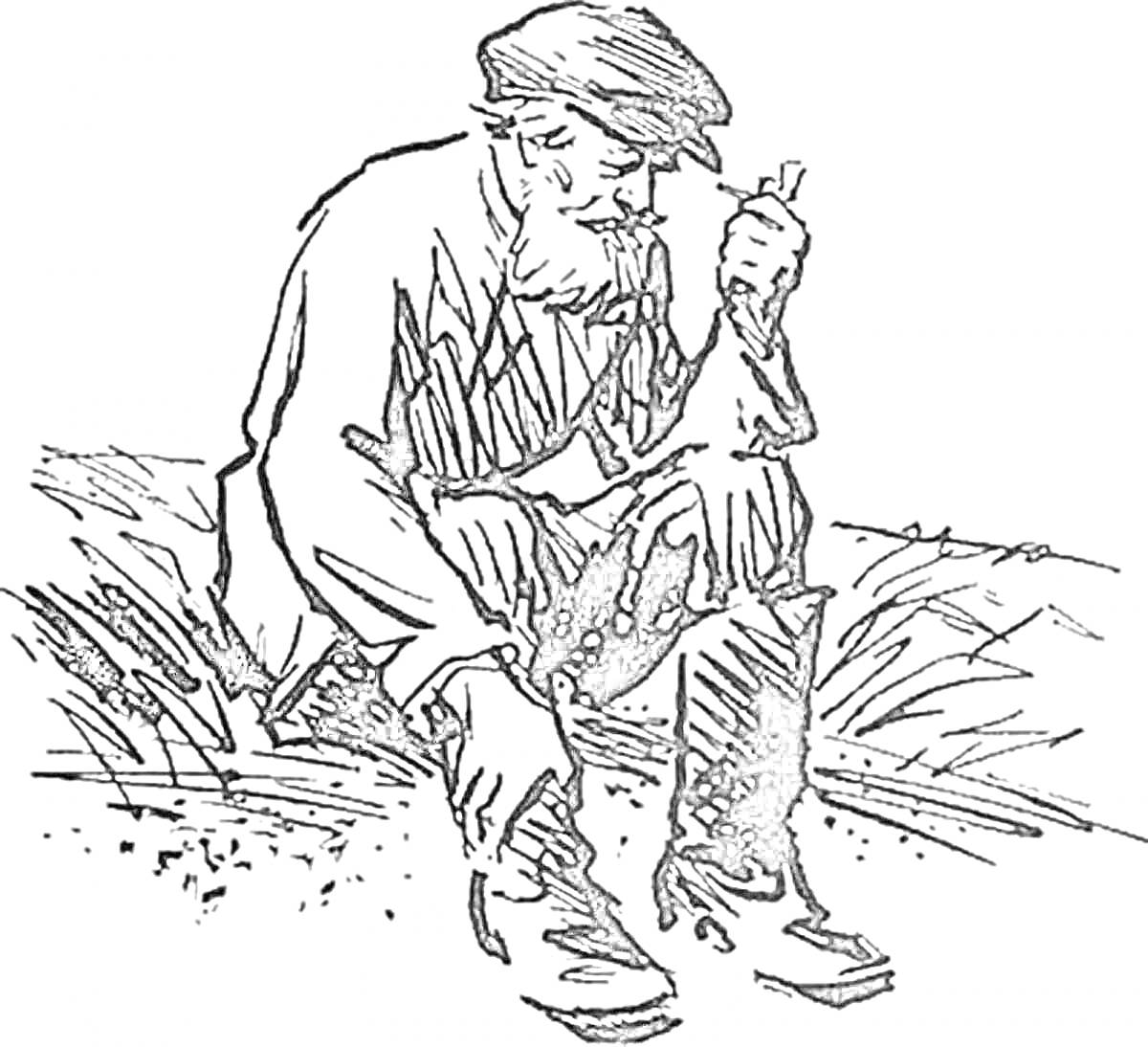 Раскраска Старик в кепке сидит на корточках на поле, курящий трубку