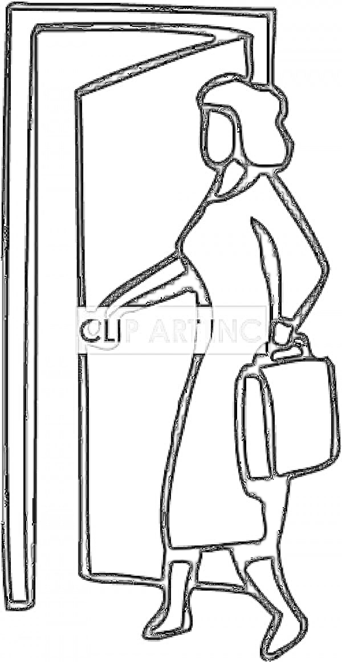 На раскраске изображено: Женщина, Сумка, Дверь, Вход, Работа, Контурные рисунки