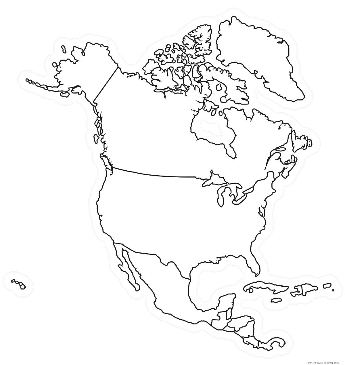 Раскраска Карта контуров Северной Америки с наличием стран и границ