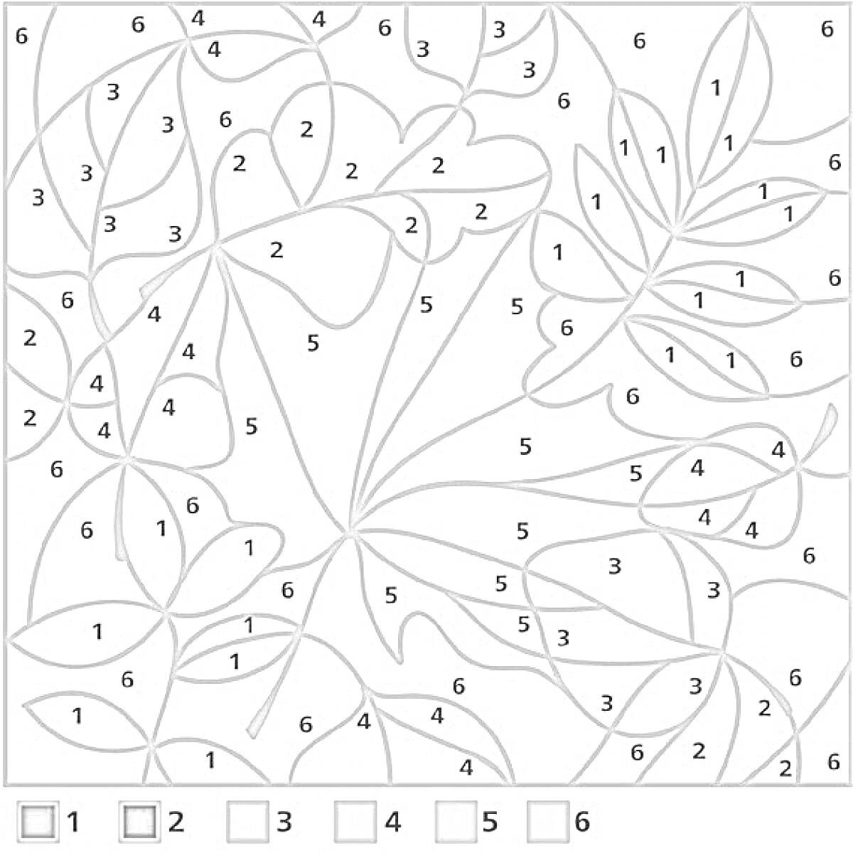 Раскраска Листья, цифры от 1 до 6