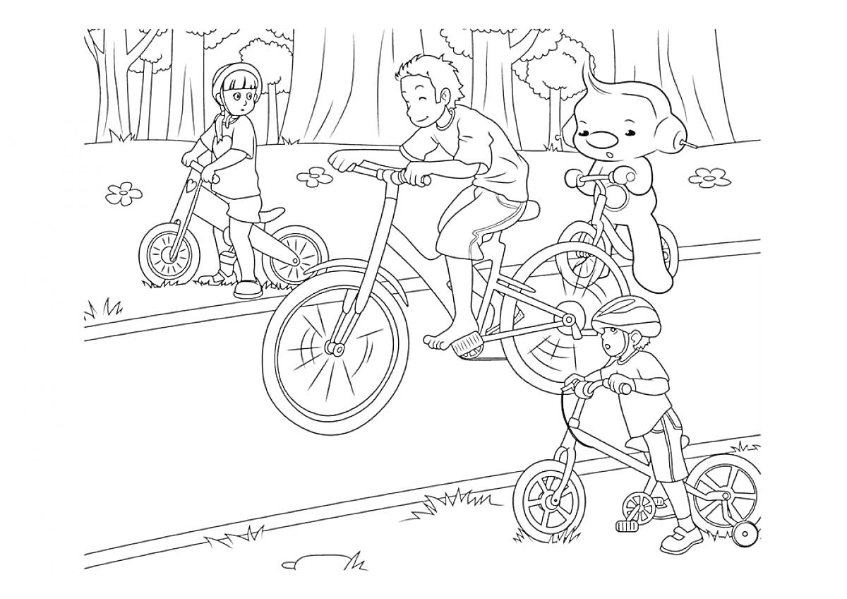 На раскраске изображено: Велосипед, Парк, Деревья, Тротуар, Спорт, Активность, Для детей, Шлемы, Собака