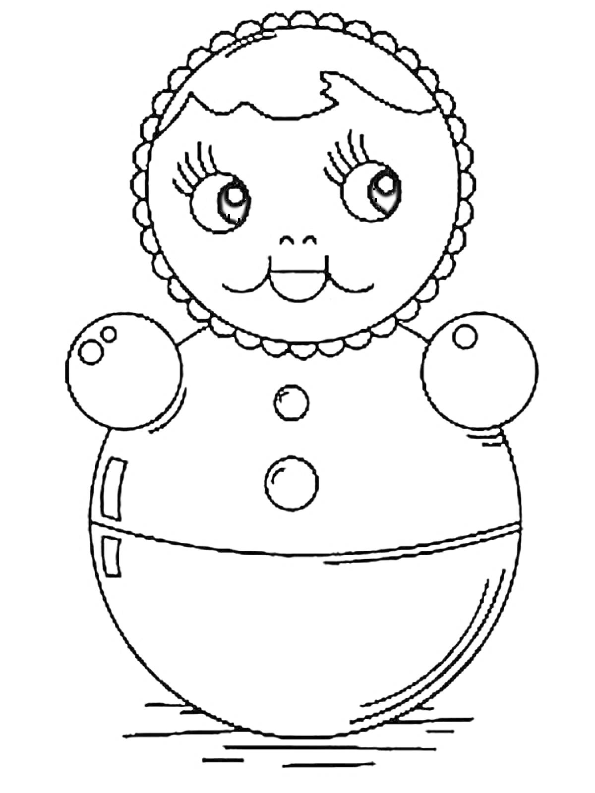 Неваляшка с круглой головой, улыбающимся лицом, глазками и румяными щёчками, в цветочном ободке, с двумя пуговицами на теле
