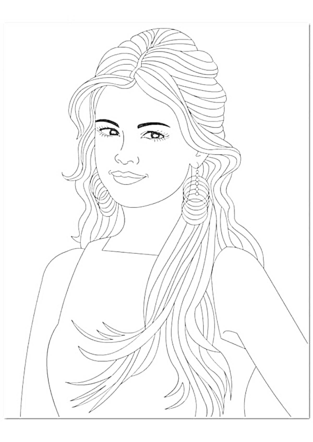 Раскраска Портрет девушки с длинными волнистыми волосами и большими серьгами