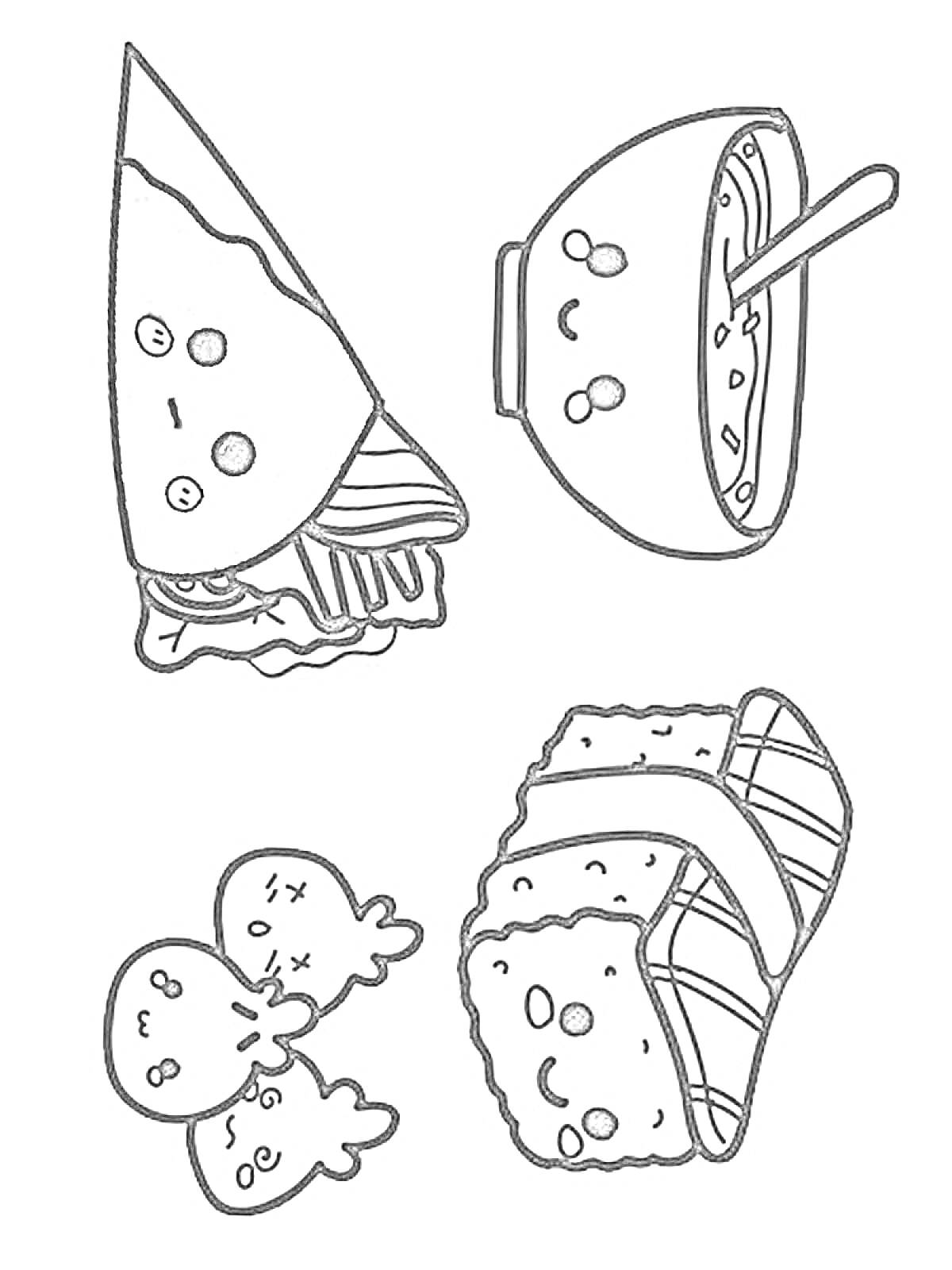На раскраске изображено: Милая еда, Пицца, Суп, Ложка, Суши, Чиби