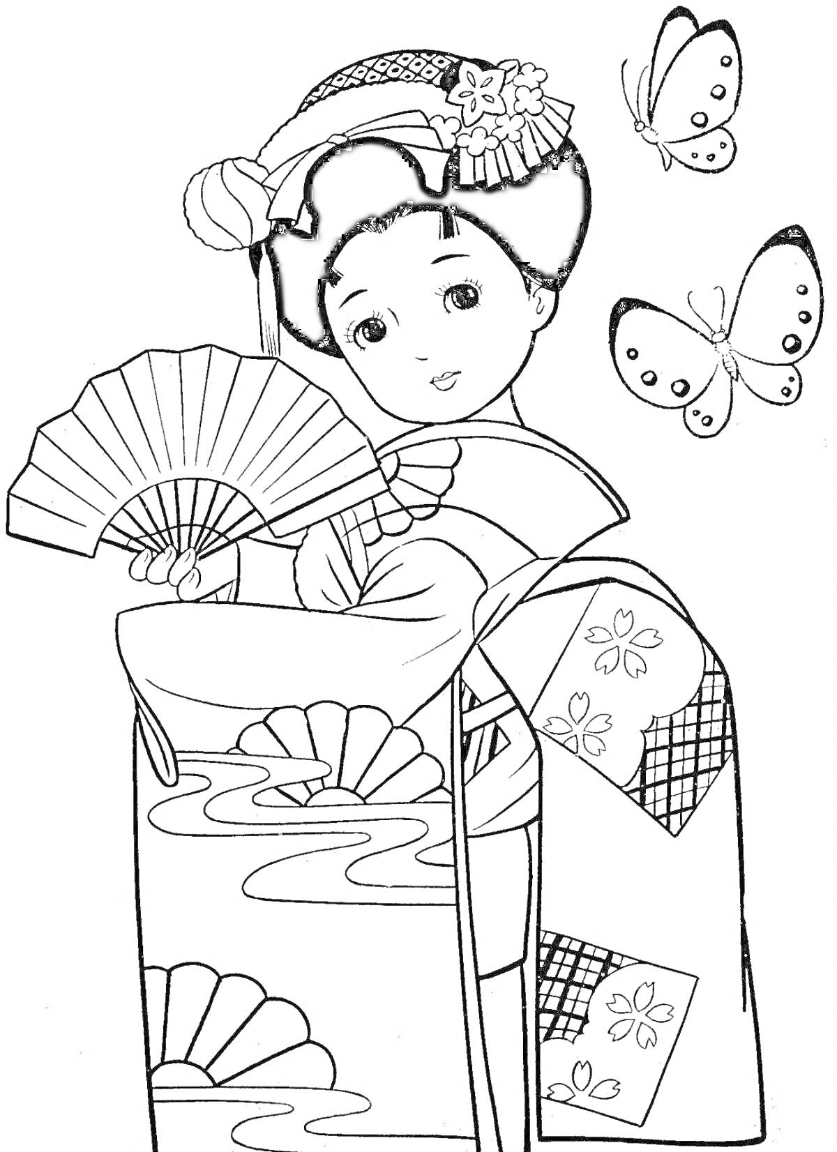 На раскраске изображено: Японка, Кимоно, Веер, Традиционная одежда