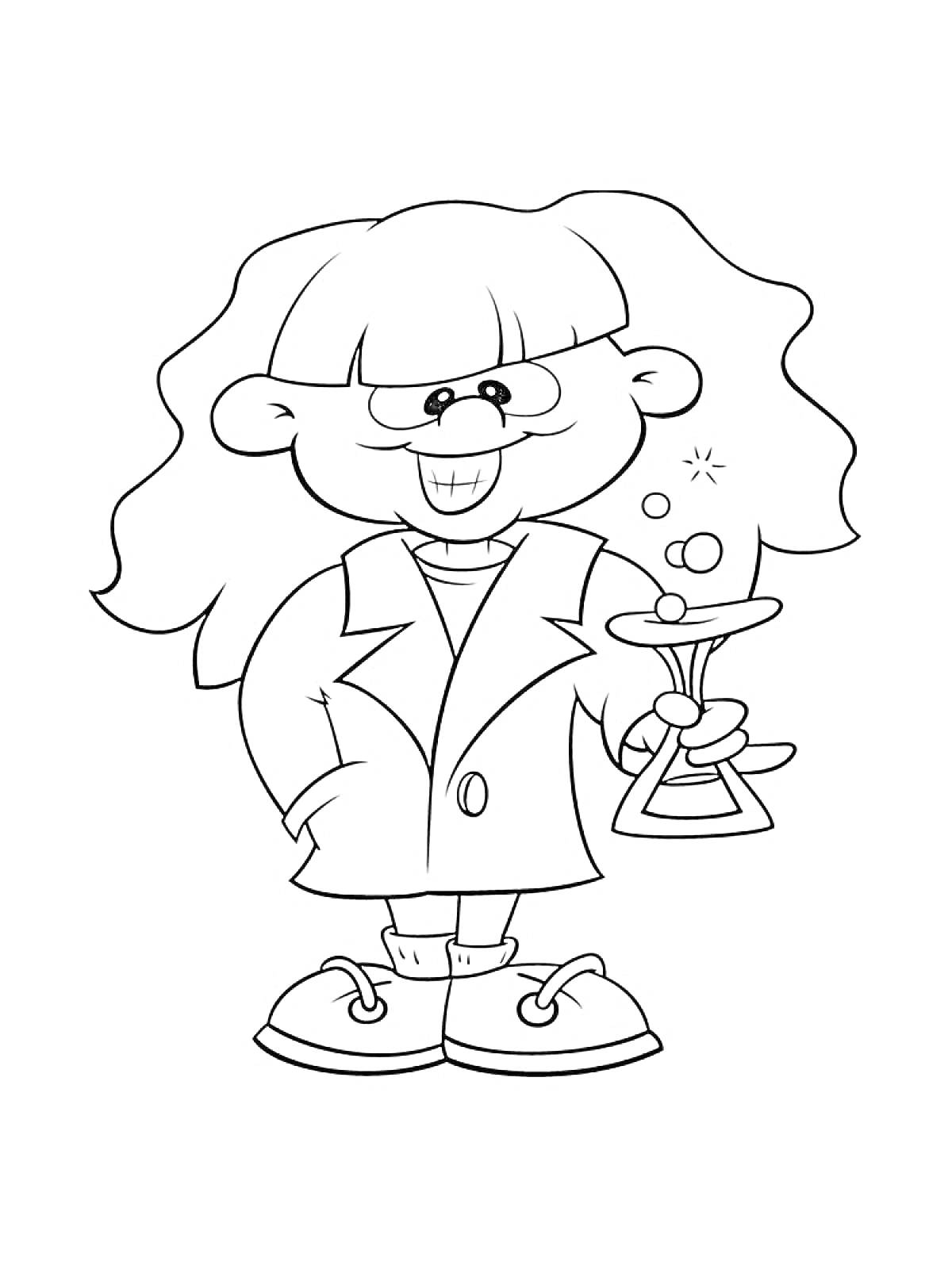 Девочка в лабораторном халате с химической колбой