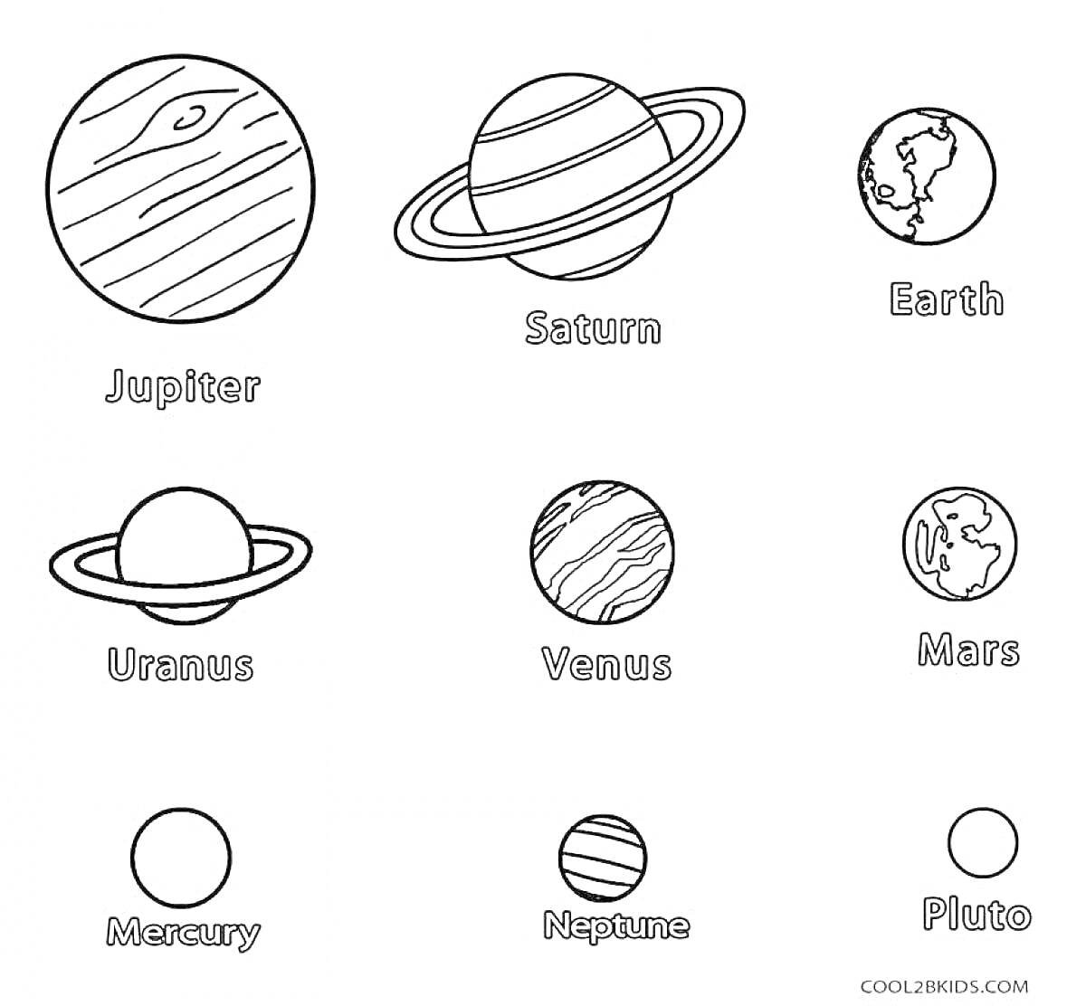 Раскраска Планеты Солнечной системы - Юпитер, Сатурн, Земля, Уран, Венера, Марс, Меркурий, Нептун, Плутон