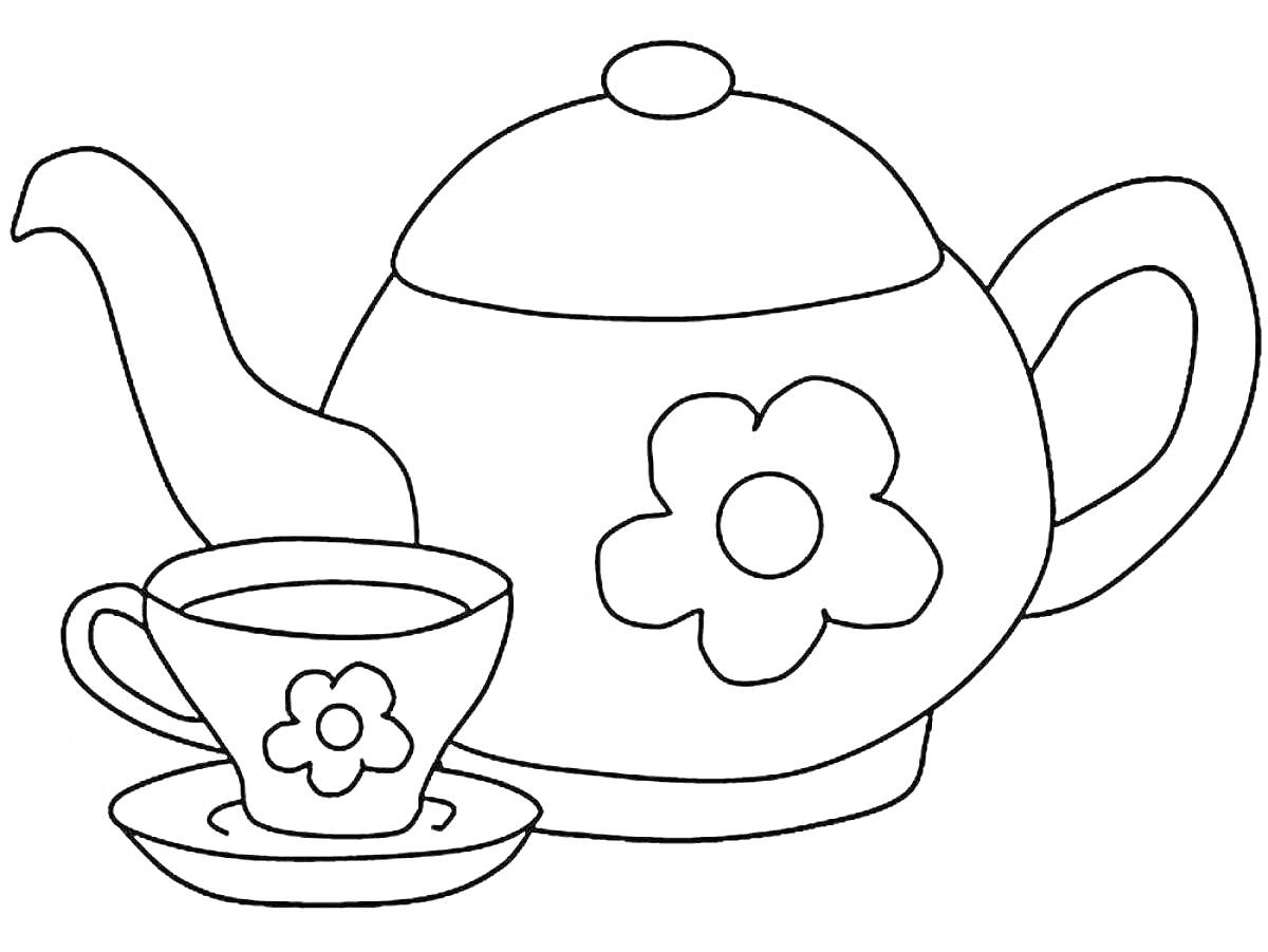Раскраска Чашка с блюдцем и чайник с цветочным орнаментом