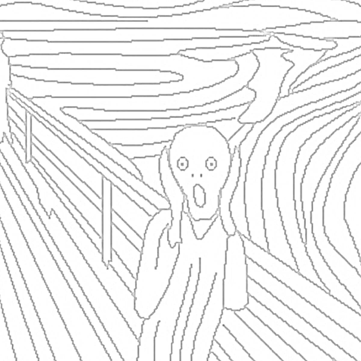 Раскраска Человек на мосту с ужасающим выражением лица, извилистые линии неба и воды, мост, фигуры на заднем плане