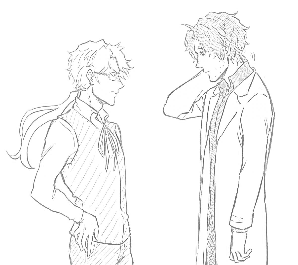Раскраска Два персонажа в очках и лабораторных халатах беседуют