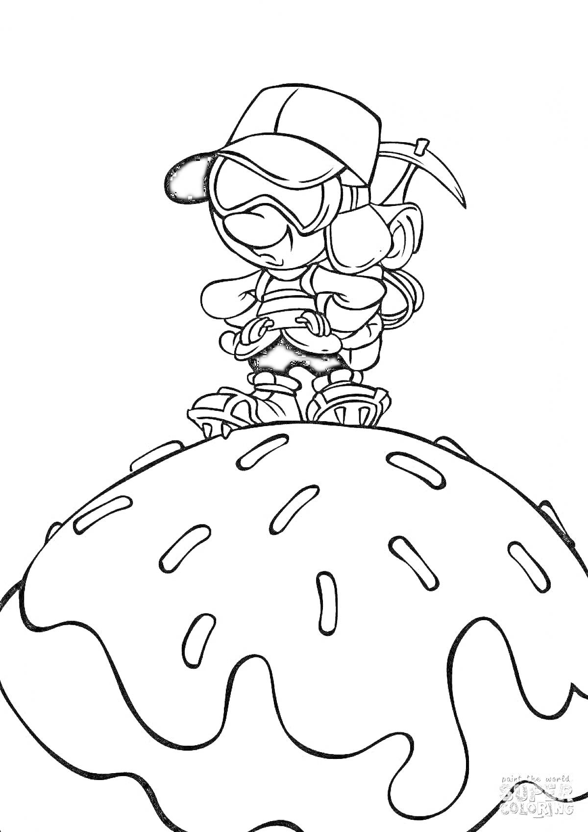 На раскраске изображено: Рюкзак, Каска, Очки, Ботинки, Капюшон, Спортивная одежда