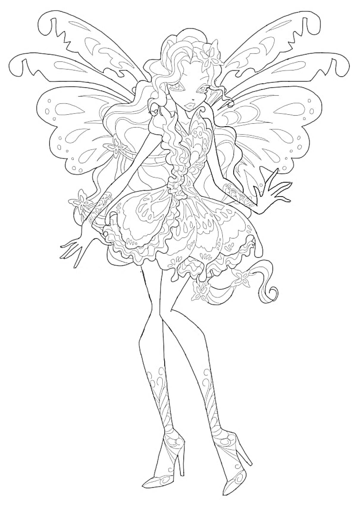 Раскраска Фея Винкс Баттерфликс с крыльями и волнистыми волосами в платье с оборками