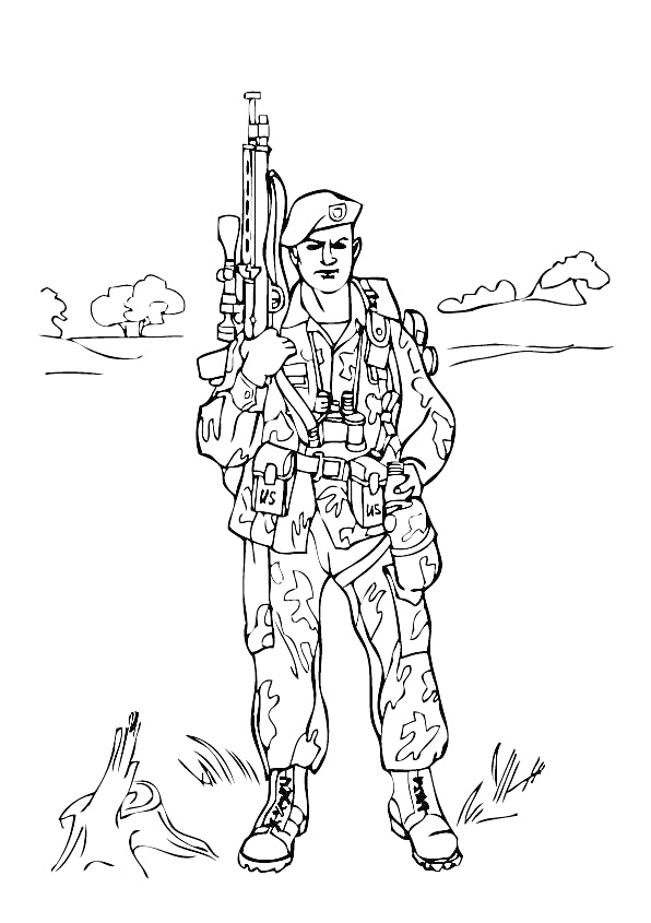 Раскраска Солдат в камуфляже с оружием на фоне пейзажа