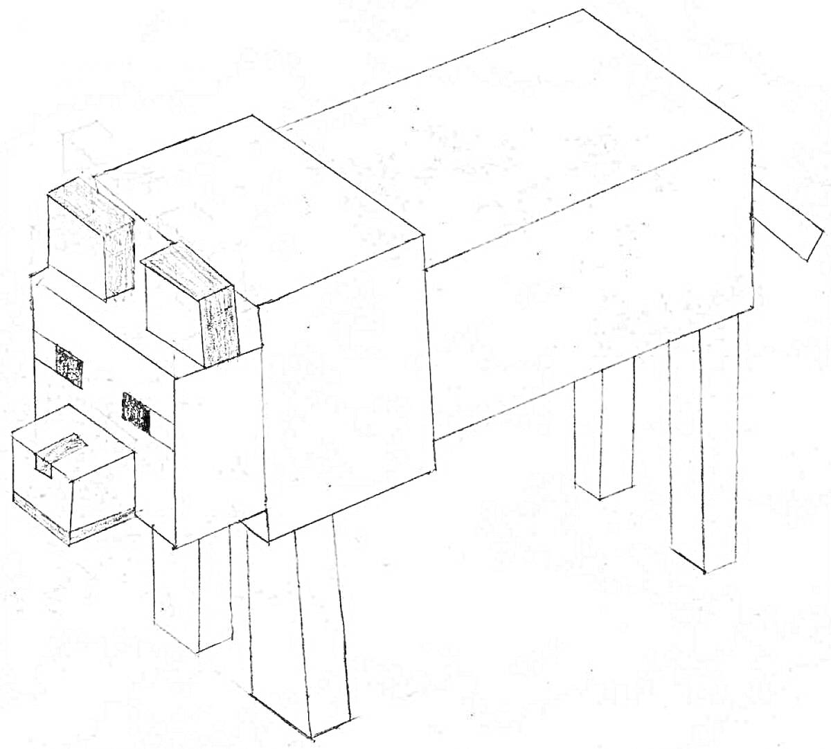 Раскраска Собачка из Майнкрафта со всеми элементами: голова, уши, глаза, нос, ноги, тело, хвост