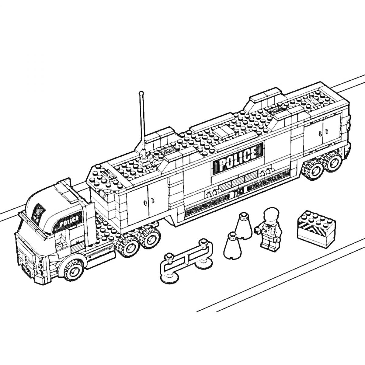 Раскраска Грузовик полицейский с прицепом, дорожным конусом, велосипед, две фигурки полицейских, коробка.