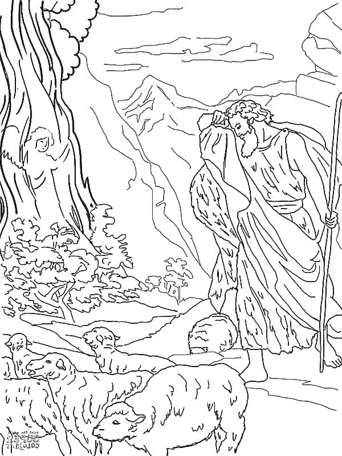 Раскраска Моисей, горы, куст неопалимой купины, овцы