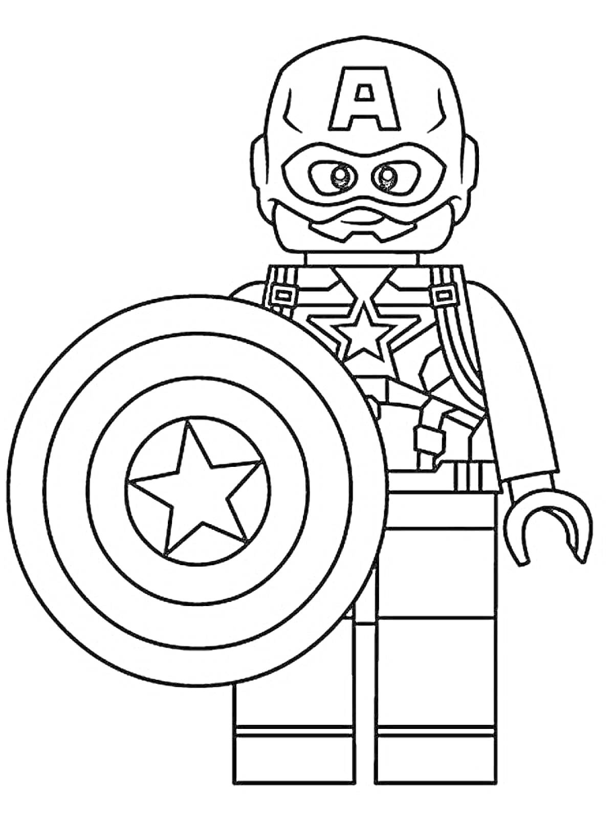 На раскраске изображено: Капитан америка, Лего, Щит, Комиксы, Персонаж, Звезды, Игрушки, Супергерои