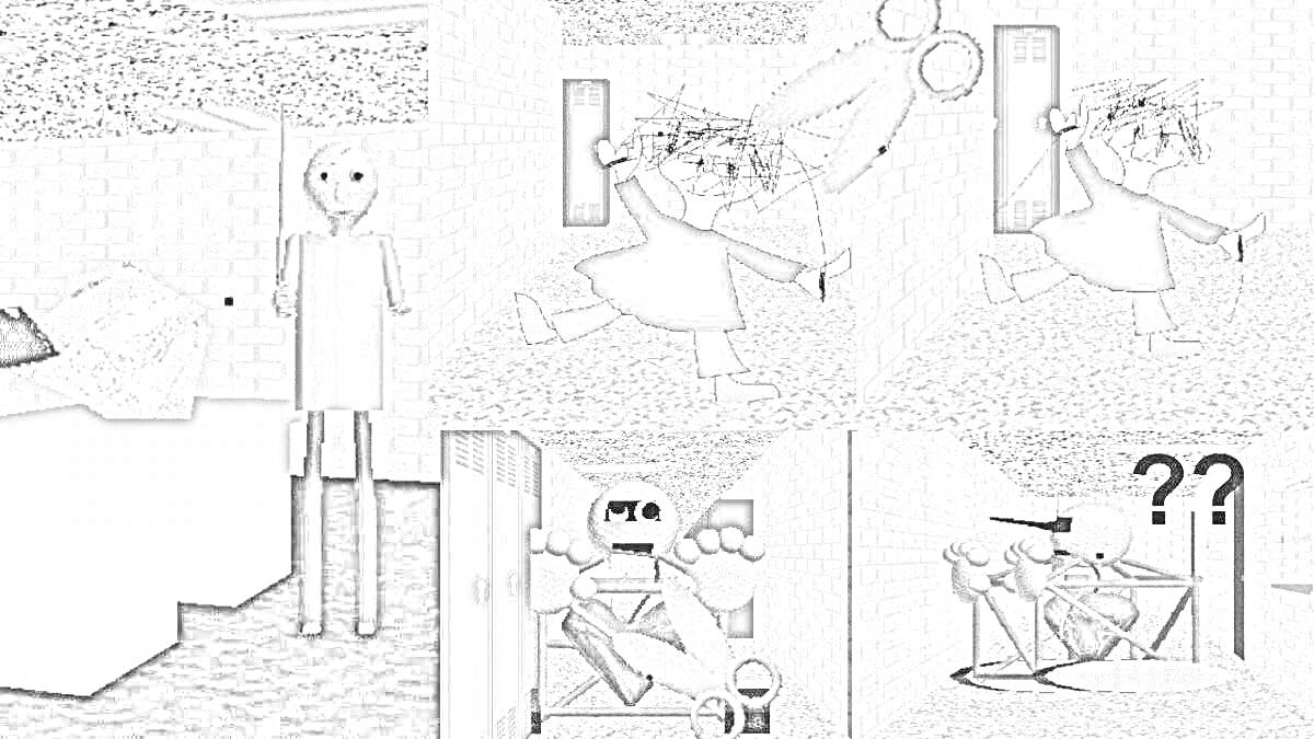 Раскраска Четыре сцены с персонажами из игры, использующими ножницы и другие предметы