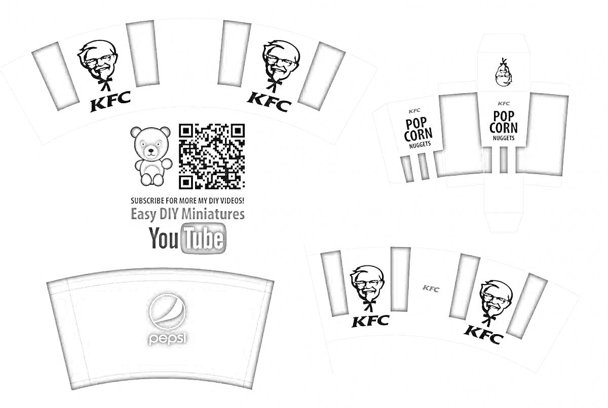 Шаблоны для вырезания KFC коробочек и стаканчика Pepsi с логотипами, изображением персонажа, QR-кодом и текстом 