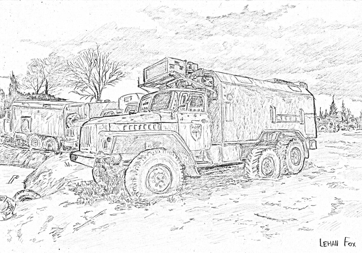 Раскраска Военный грузовик Урал на бездорожье с другими военными машинами на фоне, небо с облаками и деревья