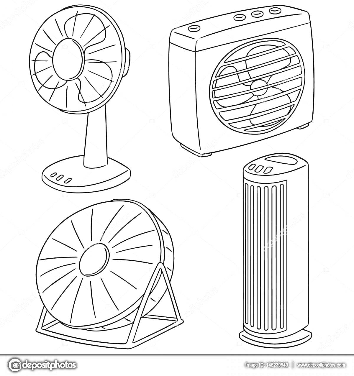 Раскраска настольный вентилятор, оконный вентилятор, напольный вентилятор, колонный вентилятор