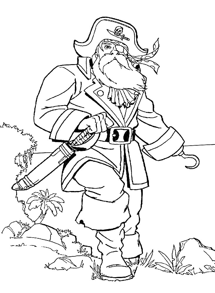 Пират с бородой, крюком вместо руки и шпагой, на фоне тропического острова с пальмами и камнями