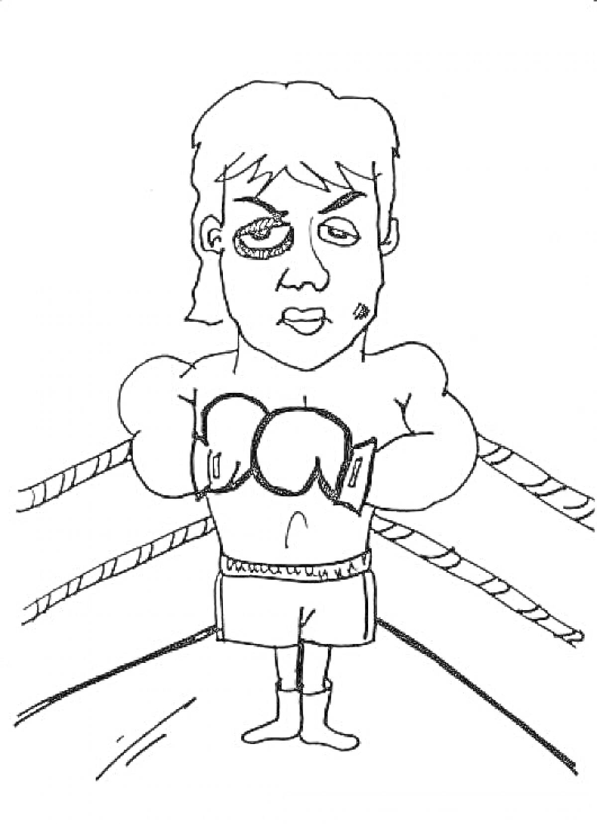 Раскраска Боксер с синяком на лице в ринге
