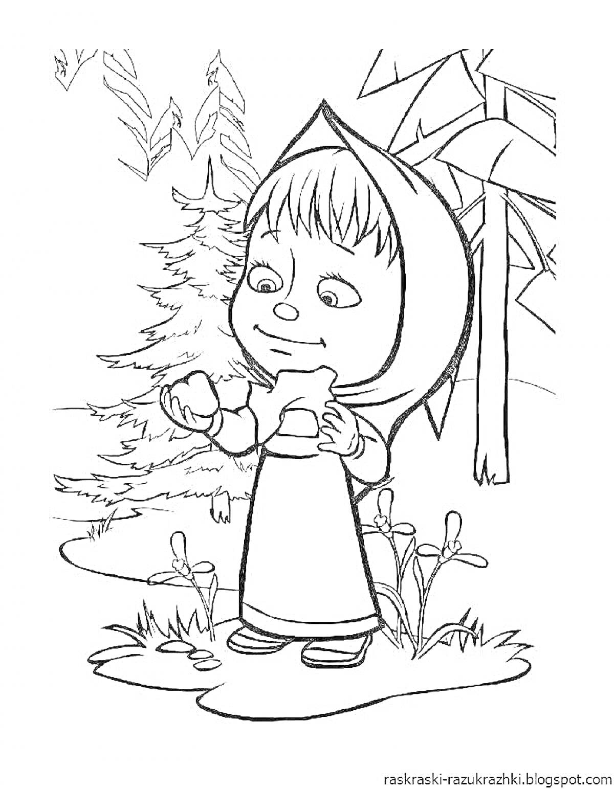 На раскраске изображено: Девочка, Лес, Платок, Кусты, Деревья, Яйца