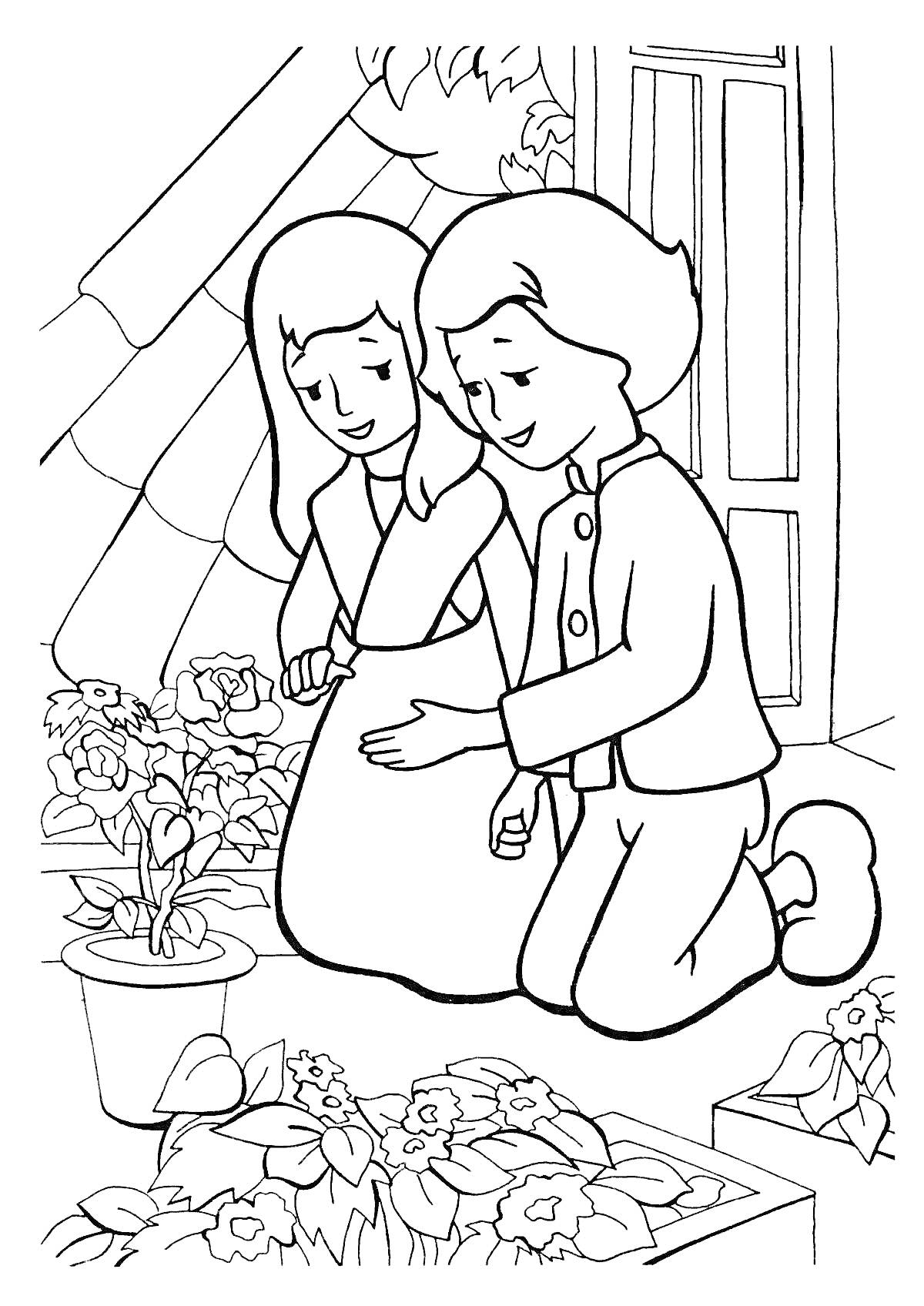 Девочка и мальчик ухаживают за цветами