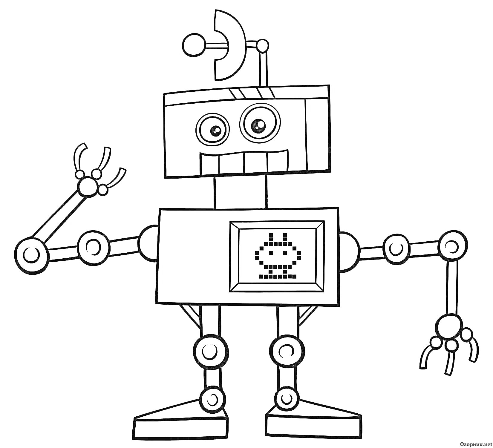 Раскраска Робот-учитель с антенной, экраном на груди, поднятой рукой и механическими руками и ногами