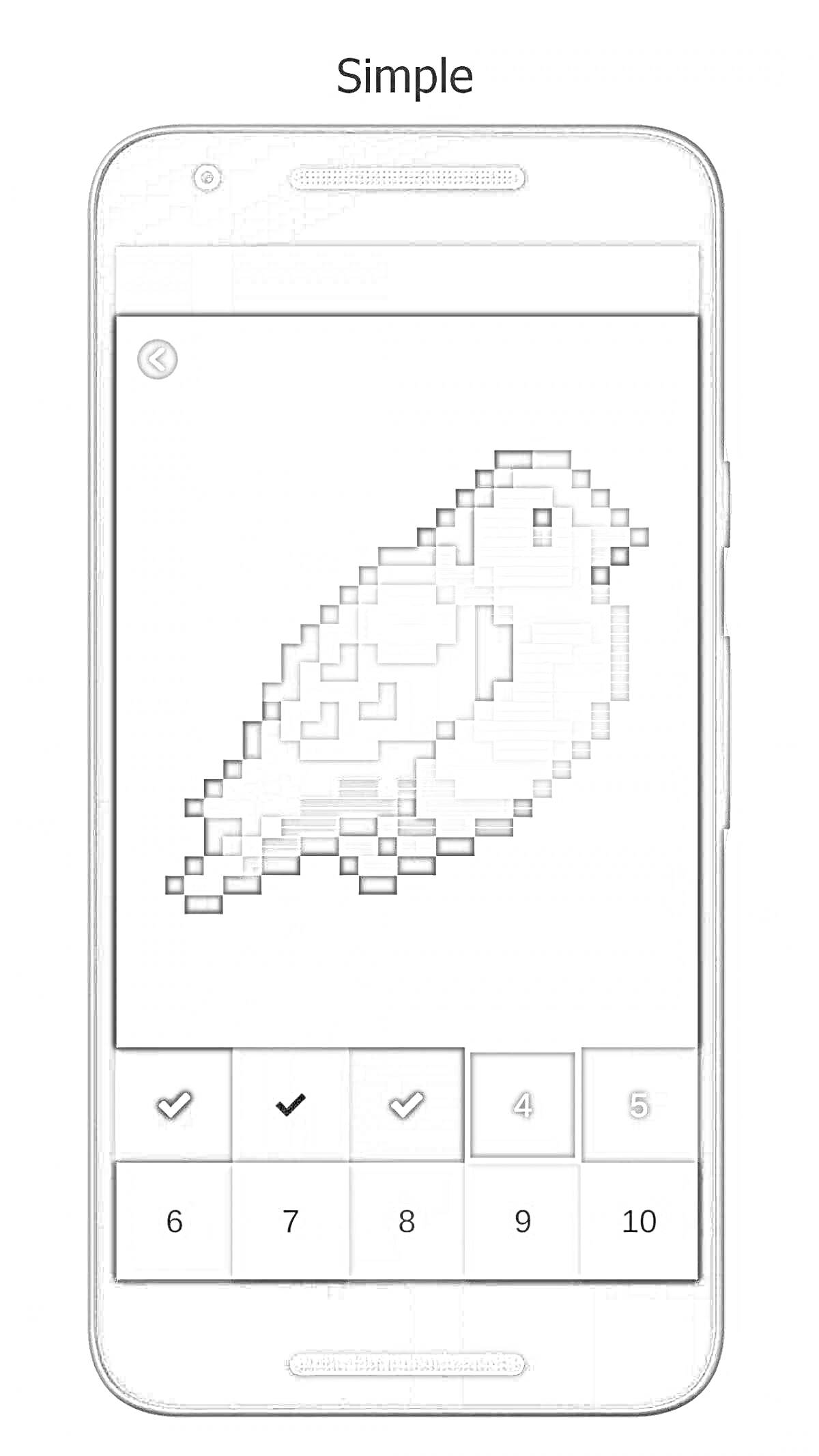Птица в раскраске по номерам в стиле pixel art на экране смартфона
