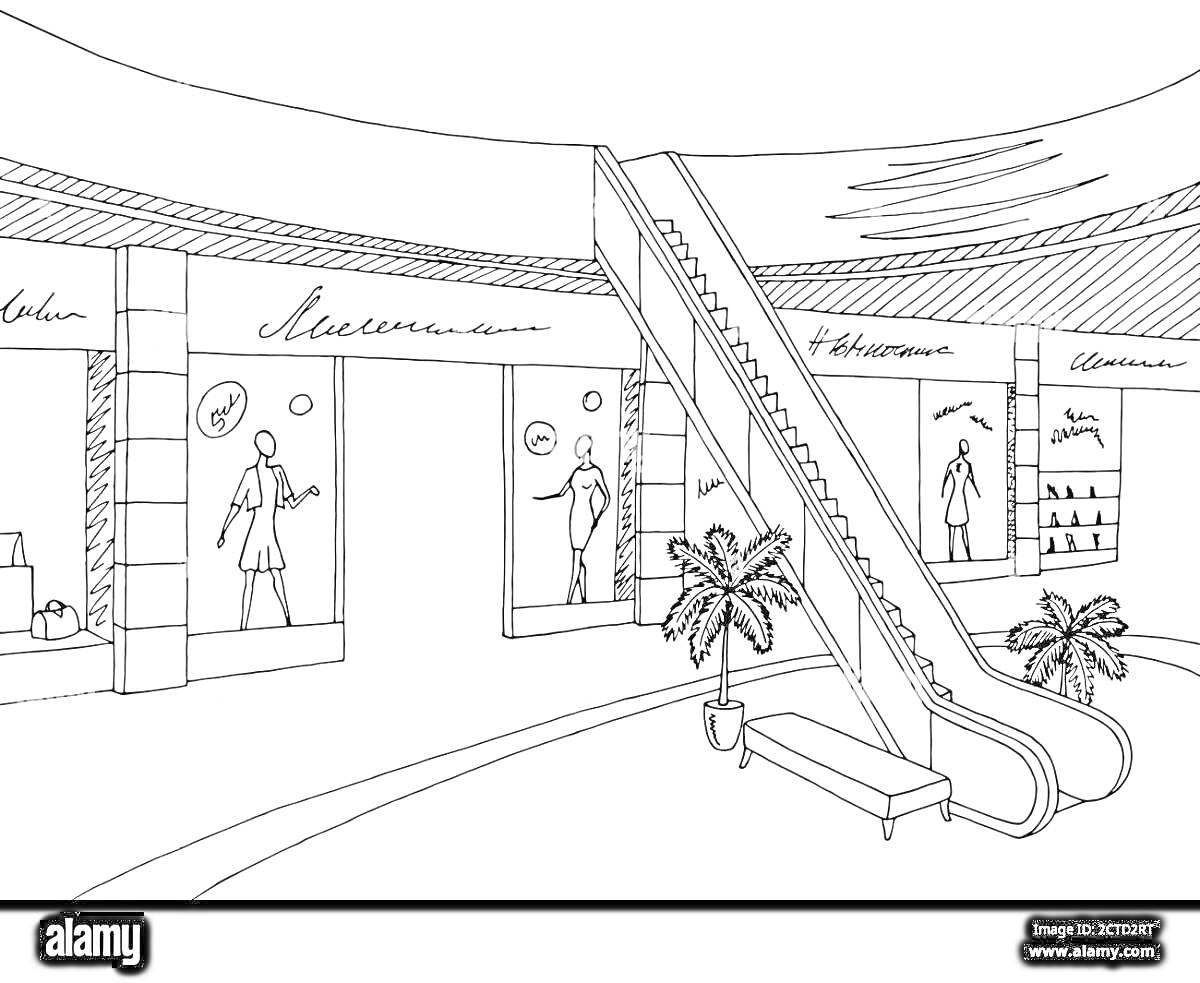 Раскраска Внутренний вид торгового центра с магазинами, манекенами, эскалатором и растениями