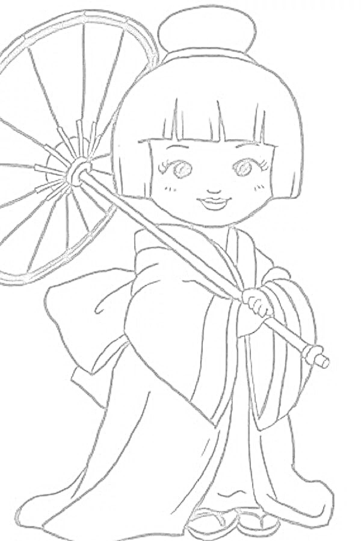 На раскраске изображено: Япония, Девочка, Кимоно, Зонт, Традиционная одежда
