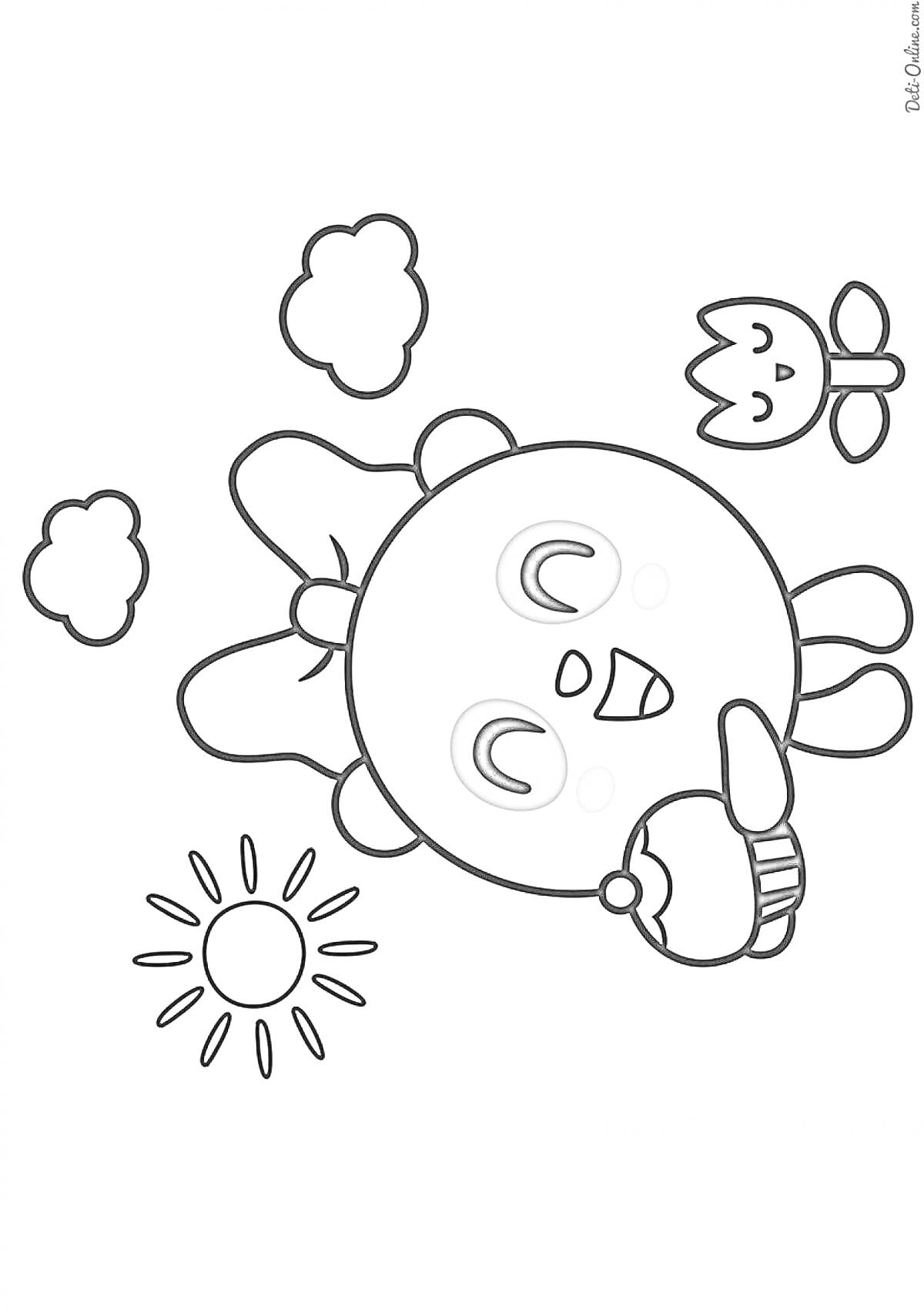 На раскраске изображено: Малышарики, Пирожное, Солнце, Облака, Бабочка